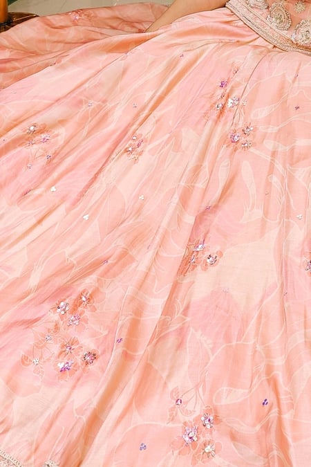 Buy_Amaltas Couture_Peach Silk, Net Sequins, Beads V-neck Flower Print Lehenga Set _Online_at_Aza_Fashions