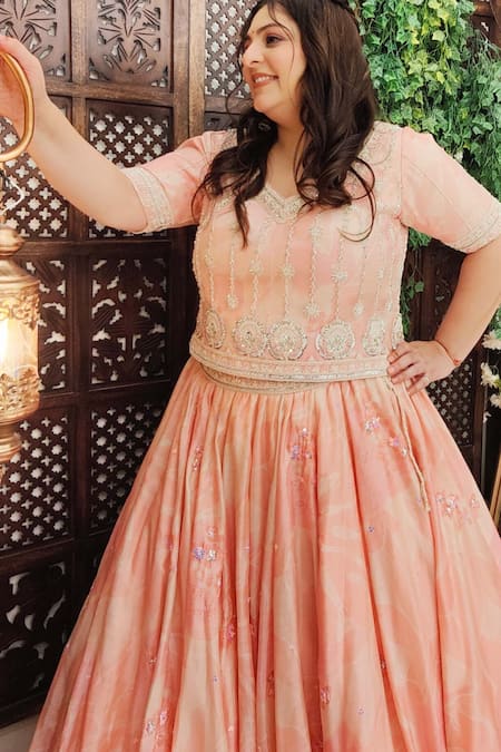 Shop_Amaltas Couture_Peach Silk, Net Sequins, Beads V-neck Flower Print Lehenga Set _Online_at_Aza_Fashions