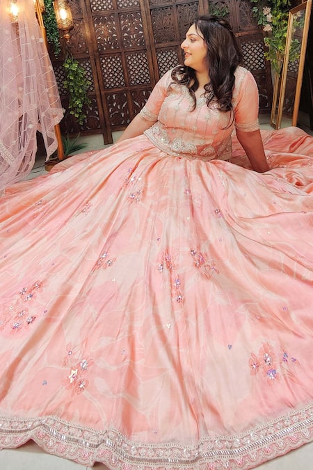Amaltas Couture Peach Silk, Net Sequins, Beads V-neck Flower Print Lehenga Set 