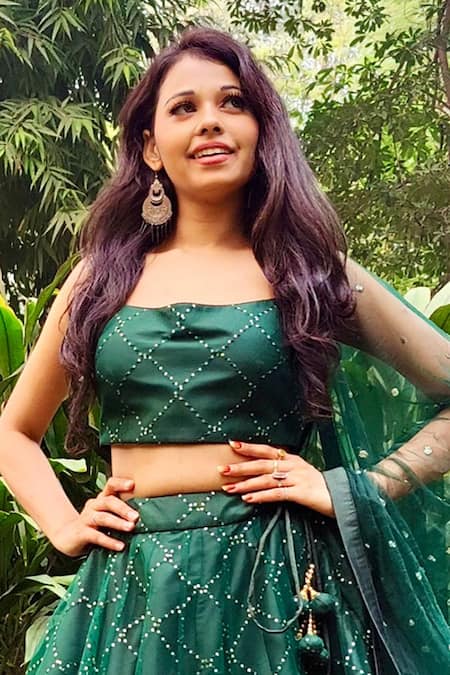 Amaltas Couture_Green Net Embroidery, Sequins Square Neck Lehenga Set _Online_at_Aza_Fashions