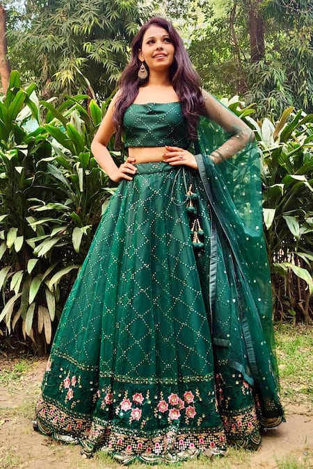Amaltas Couture Green Net Embroidery, Sequins Square Neck Lehenga Set 