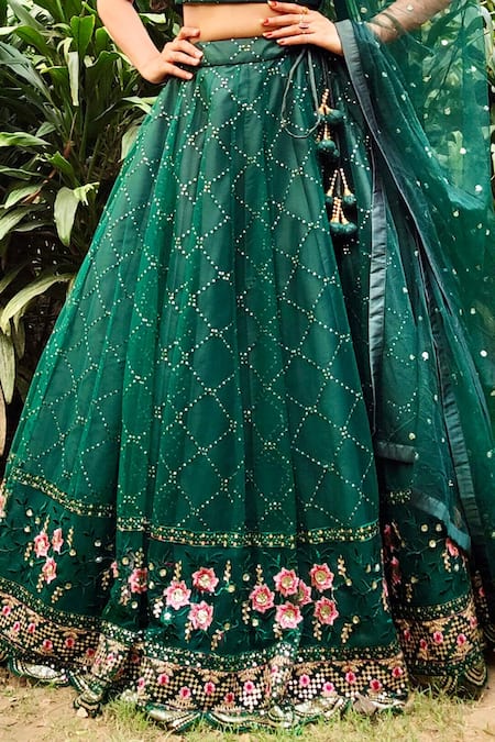 Shop_Amaltas Couture_Green Net Embroidery, Sequins Square Neck Lehenga Set _Online_at_Aza_Fashions