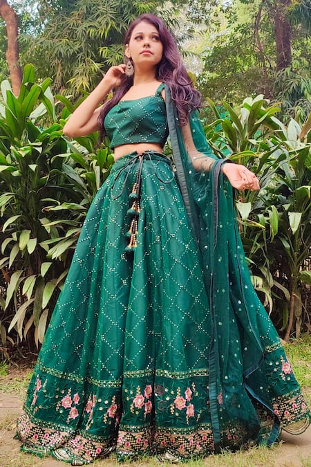 Amaltas Couture_Green Net Embroidery, Sequins Square Neck Lehenga Set _at_Aza_Fashions
