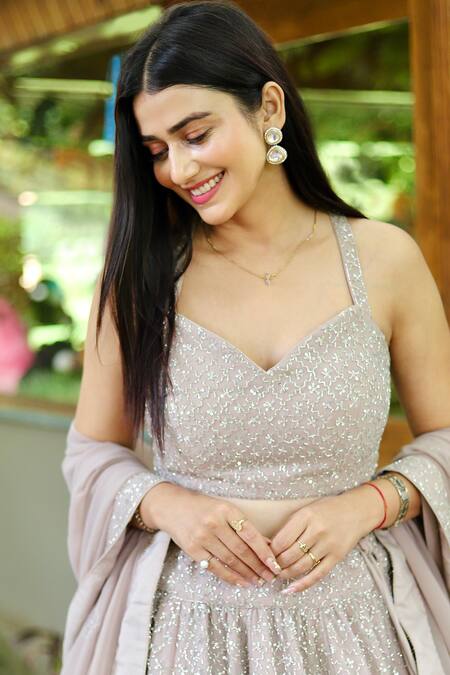 Amaltas Couture_Purple Georgette Sequins, Cut Work Sweetheart Neck Embroidered Lehenga Set_Online_at_Aza_Fashions