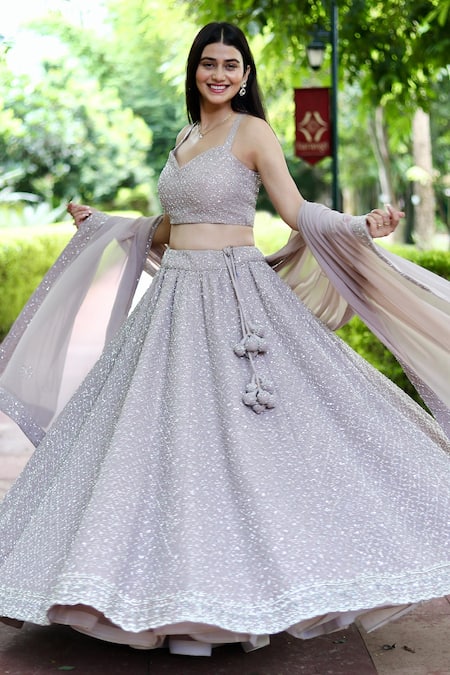 Shop_Amaltas Couture_Purple Georgette Sequins, Cut Work Sweetheart Neck Embroidered Lehenga Set_Online_at_Aza_Fashions