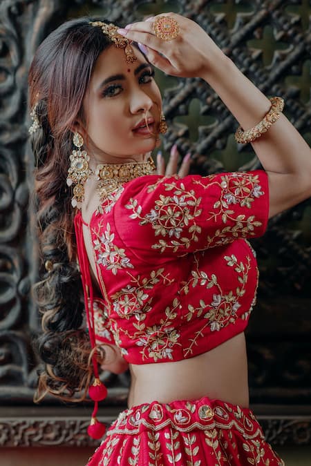 Amaltas Couture_Pink Silk, Organza Sequins, Beads V-neck Raw Embroidered Lehenga Set _Online_at_Aza_Fashions