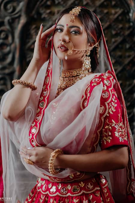 Shop_Amaltas Couture_Pink Silk, Organza Sequins, Beads V-neck Raw Embroidered Lehenga Set _Online_at_Aza_Fashions