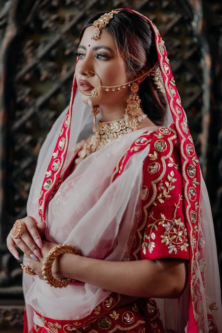 Amaltas Couture_Pink Silk, Organza Sequins, Beads V-neck Raw Embroidered Lehenga Set _at_Aza_Fashions