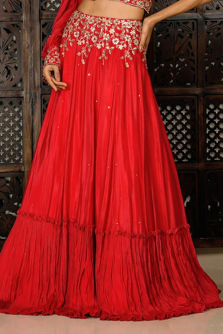 Amaltas Couture_Coral Chinon Beads, Cut Work Asymmetric Embroidered Lehenga With Blouse _Online_at_Aza_Fashions