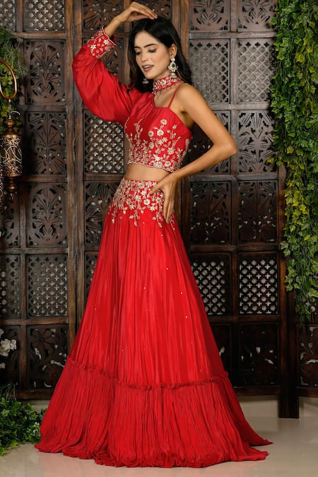Amaltas Couture_Coral Chinon Beads, Cut Work Asymmetric Embroidered Lehenga With Blouse _at_Aza_Fashions