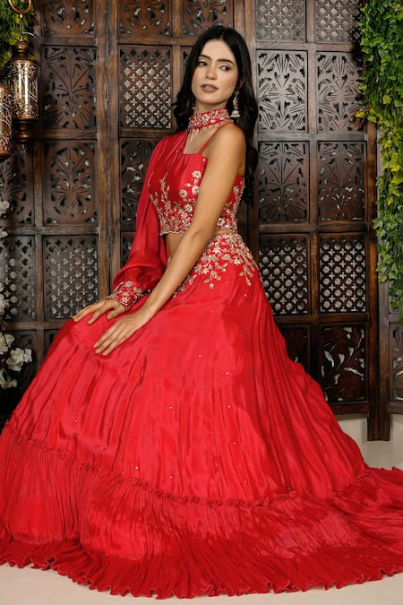 Buy_Amaltas Couture_Coral Chinon Beads, Cut Work Asymmetric Embroidered Lehenga With Blouse 