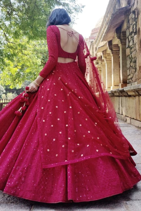 Amaltas Couture_Maroon Georgette Sequins, Embroidery Leaf Neck Lehenga Blouse Set _Online_at_Aza_Fashions