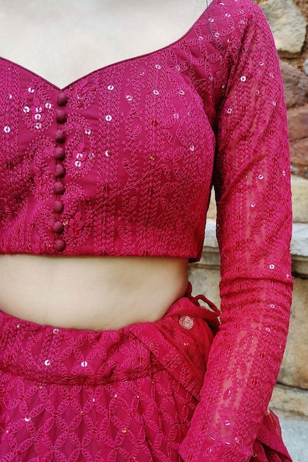 Buy_Amaltas Couture_Maroon Georgette Sequins, Embroidery Leaf Neck Lehenga Blouse Set _Online_at_Aza_Fashions