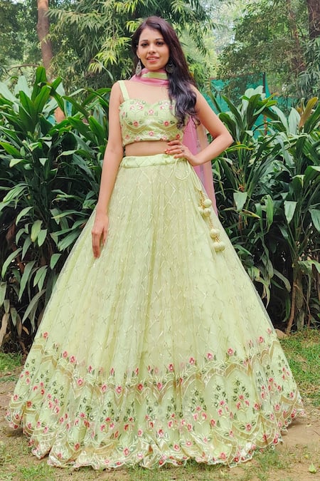 Shop_Amaltas Couture_Green Net Embroidery Sweetheart Neck Lehenga Set 