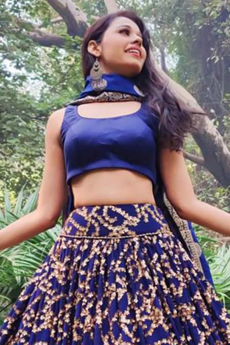 Amaltas Couture_Blue Georgette, Silk Sequins Round Neck Embroidered Lehenga Set _Online_at_Aza_Fashions