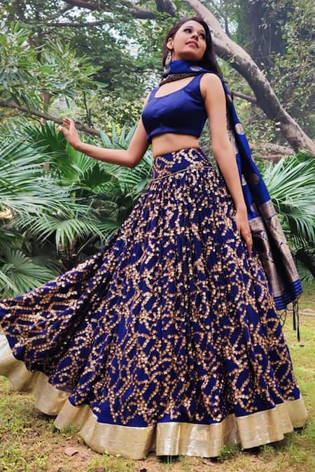 Buy_Amaltas Couture_Blue Georgette, Silk Sequins Round Neck Embroidered Lehenga Set _Online_at_Aza_Fashions