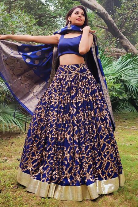 Shop_Amaltas Couture_Blue Georgette, Silk Sequins Round Neck Embroidered Lehenga Set _Online_at_Aza_Fashions