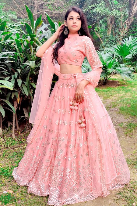Buy_Amaltas Couture_Peach Net Sequins Round Neck Work Lehenga Set_Online_at_Aza_Fashions