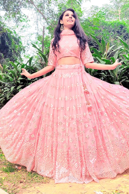 Shop_Amaltas Couture_Peach Net Sequins Round Neck Work Lehenga Set_Online_at_Aza_Fashions