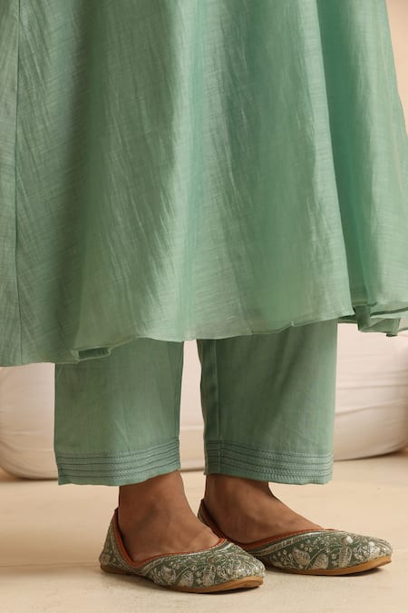 Beige_Green Cotton Satin, Chanderi Beads, Sequins V-neck Floral Embroidered Kurta Set _Online_at_Aza_Fashions