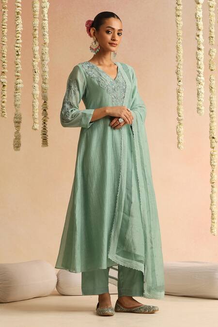 Shop_Beige_Green Cotton Satin, Chanderi Beads, Sequins V-neck Floral Embroidered Kurta Set _Online_at_Aza_Fashions