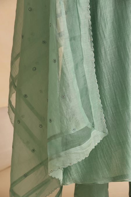 Beige_Green Cotton Satin, Chanderi Beads, Sequins V-neck Floral Embroidered Kurta Set _at_Aza_Fashions