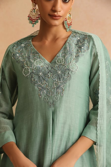 Shop_Beige_Green Cotton Satin, Chanderi Beads, Sequins V-neck Floral Embroidered Kurta Set 
