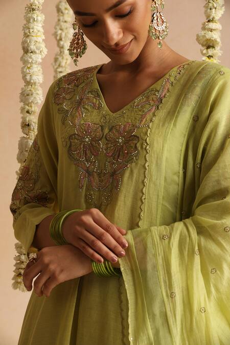 Beige_Lime Cotton Satin Beads, Sequins V-neck Thread Embroidered Kurta Set _Online_at_Aza_Fashions