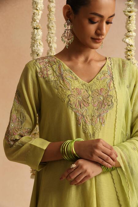 Shop_Beige_Lime Cotton Satin Beads, Sequins V-neck Thread Embroidered Kurta Set _Online_at_Aza_Fashions