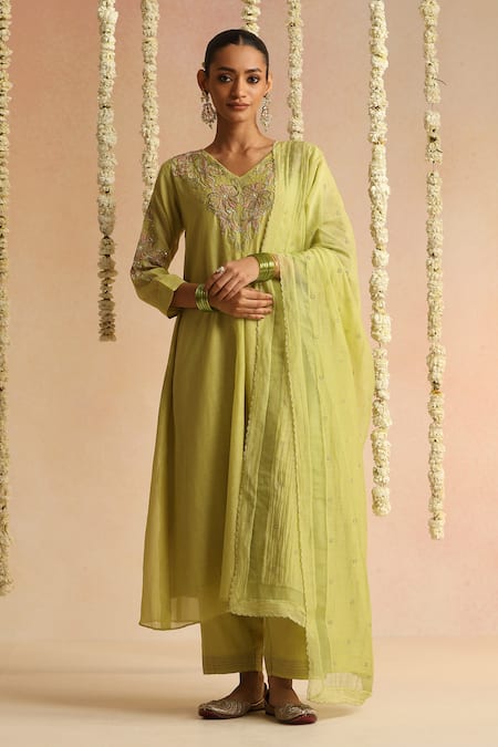 Beige Lime Cotton Satin Beads, Sequins V-neck Thread Embroidered Kurta Set 