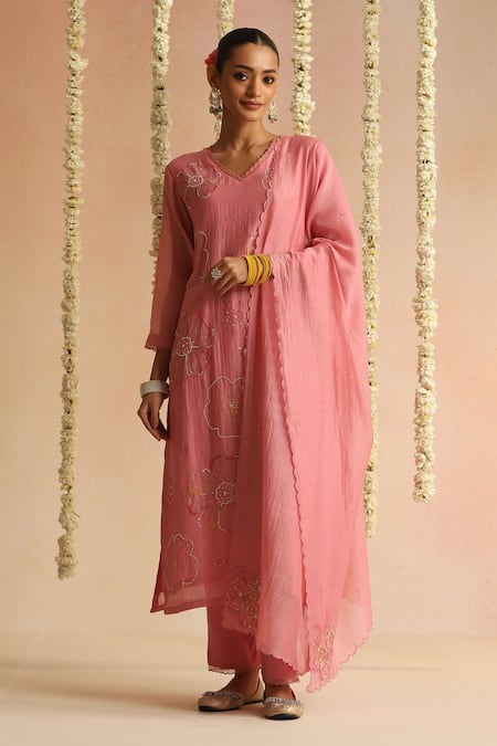 Beige Pink Cotton Satin Beads, Sequins Round Neck Work Kurta Set 