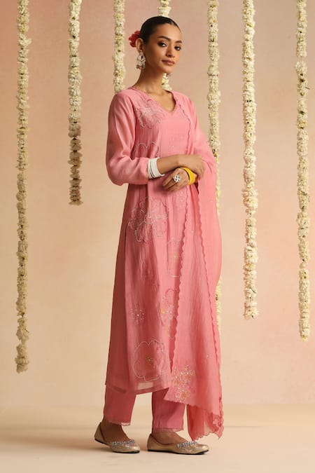 Beige_Pink Cotton Satin Beads, Sequins Round Neck Work Kurta Set _Online_at_Aza_Fashions