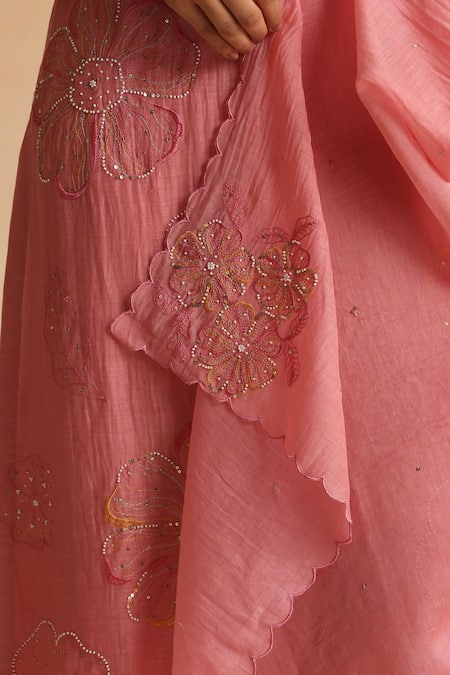 Shop_Beige_Pink Cotton Satin Beads, Sequins Round Neck Work Kurta Set _Online_at_Aza_Fashions