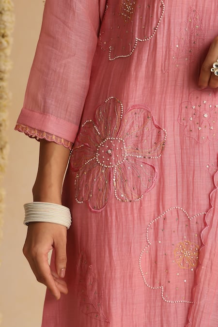 Beige_Pink Cotton Satin Beads, Sequins Round Neck Work Kurta Set _at_Aza_Fashions