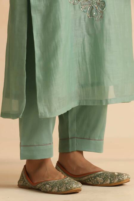Beige_Green Cotton Satin Beads, Sequins Round Neck Flower Embroidered Kurta Set _Online_at_Aza_Fashions