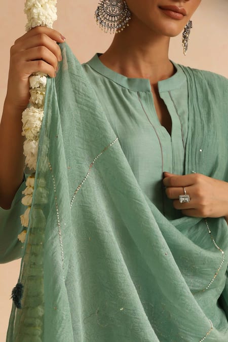 Buy_Beige_Green Cotton Satin Beads, Sequins Round Neck Flower Embroidered Kurta Set _Online_at_Aza_Fashions