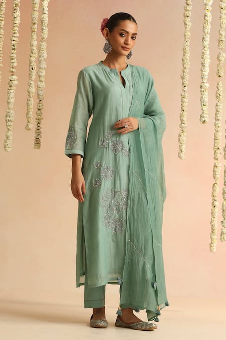 Shop_Beige_Green Cotton Satin Beads, Sequins Round Neck Flower Embroidered Kurta Set _Online_at_Aza_Fashions