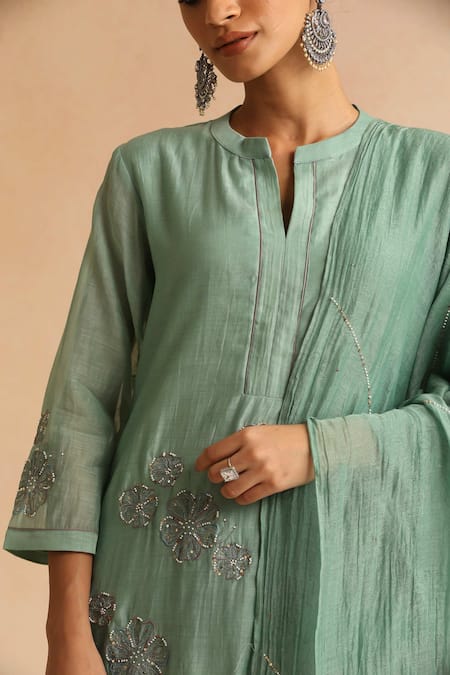 Beige_Green Cotton Satin Beads, Sequins Round Neck Flower Embroidered Kurta Set _at_Aza_Fashions