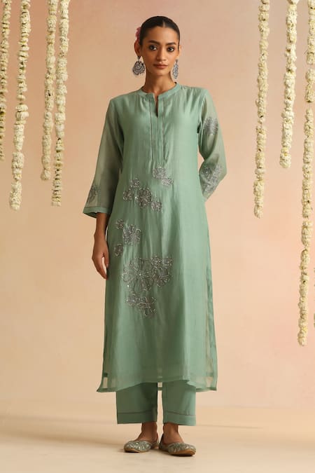Shop Beige Green Cotton Satin Beads, Sequins Round Neck Flower Embroidered Kurta Set Shop_Beige_Green Cotton Satin Beads, Sequins Round Neck Flower Embroidered Kurta Set