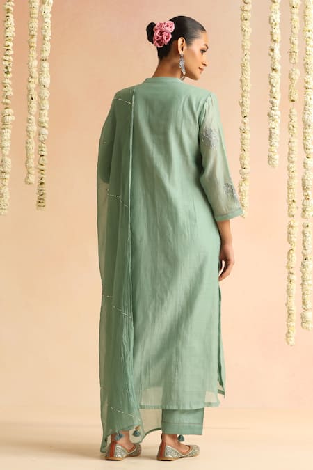 Beige Flower Embroidered Kurta Set 