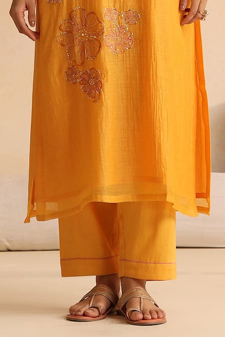 Buy_Beige_Orange Cotton Satin Beads, Sequins Round Neck Flower Embroidered Kurta Pant Set _Online_at_Aza_Fashions