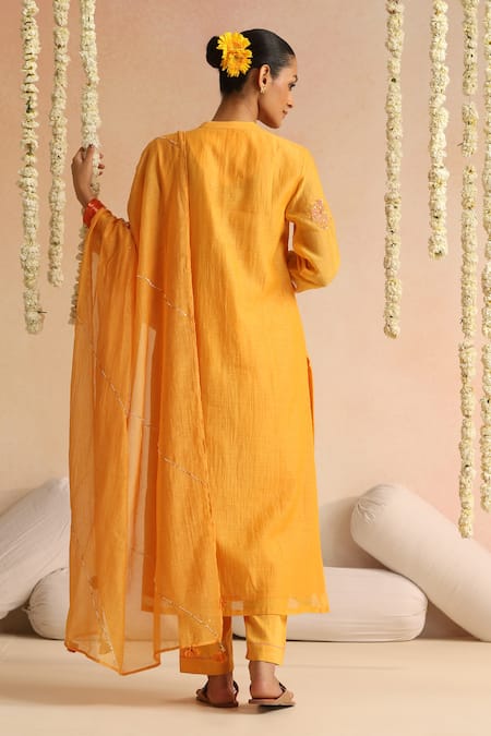 Beige Flower Embroidered Kurta Pant Set 