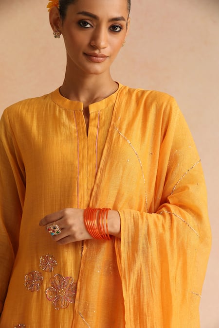 Buy_Beige_Orange Cotton Satin Beads, Sequins Round Neck Flower Embroidered Kurta Pant Set 