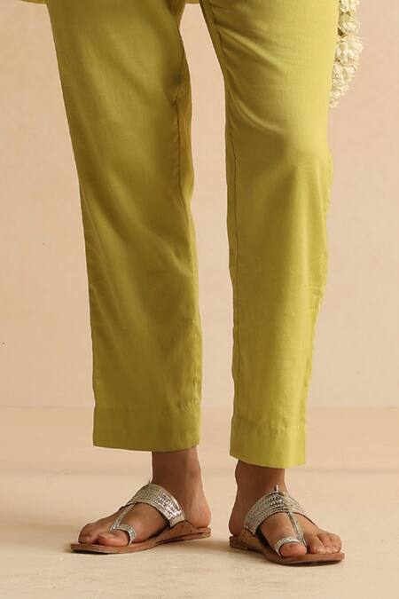 Beige_Lime Cotton Satin Embroidery, Beads, Sequins Round Neck Floral Top And Pant Set _Online_at_Aza_Fashions