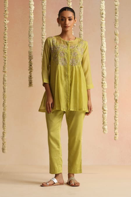 Buy_Beige_Lime Cotton Satin Embroidery, Beads, Sequins Round Neck Floral Top And Pant Set _Online_at_Aza_Fashions