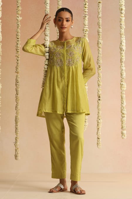 Shop_Beige_Lime Cotton Satin Embroidery, Beads, Sequins Round Neck Floral Top And Pant Set _Online_at_Aza_Fashions