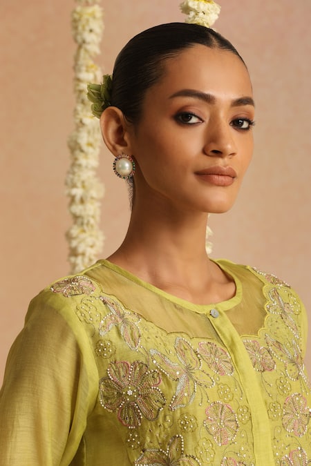 Beige_Lime Cotton Satin Embroidery, Beads, Sequins Round Neck Floral Top And Pant Set _at_Aza_Fashions