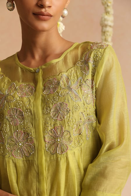 Buy_Beige_Lime Cotton Satin Embroidery, Beads, Sequins Round Neck Floral Top And Pant Set 