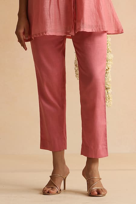 Beige_Pink Beads, Sequins Round Neck Floral Embroidered Top With Pant _Online_at_Aza_Fashions