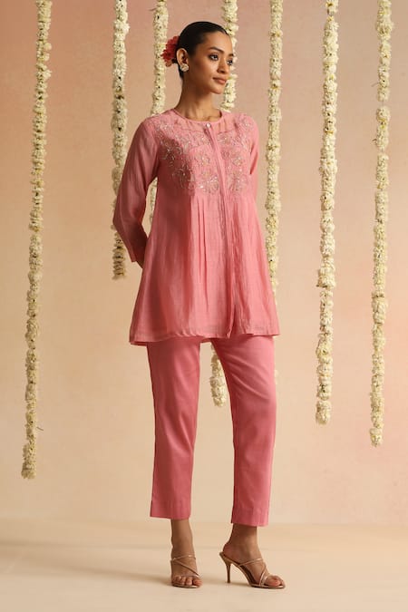 Buy_Beige_Pink Beads, Sequins Round Neck Floral Embroidered Top With Pant _Online_at_Aza_Fashions